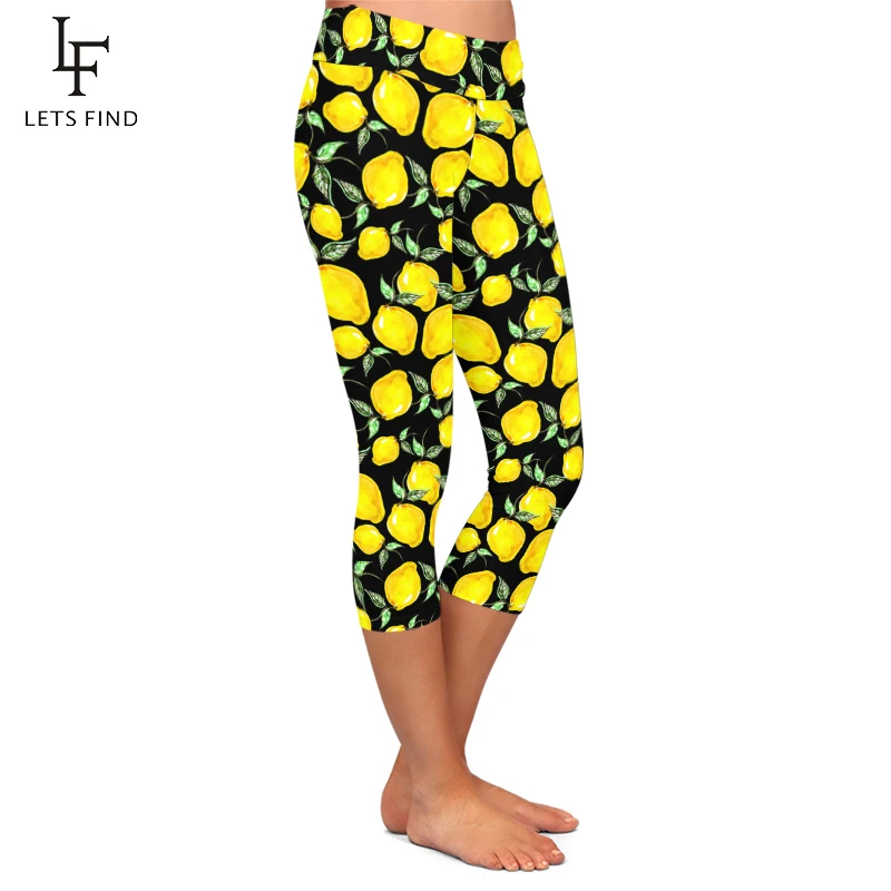 Summer New 3d Lemon Digital Printed Capri Leggings High Waist High Elastic Mid-Calf  Women Black Leggings Hot Sale