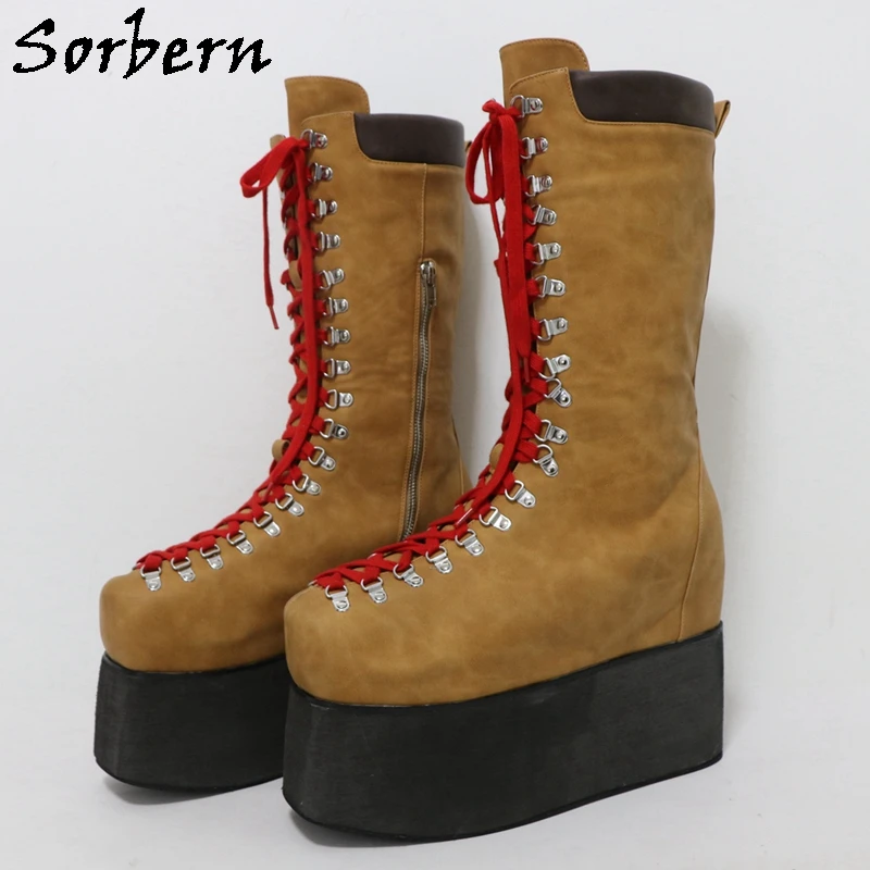 

Sorbern Light Brown Mid Calf Boots Women Red Shoe Lace Up Flatform Wedges Round Toe Soft Top Pad Custom Multi Colors