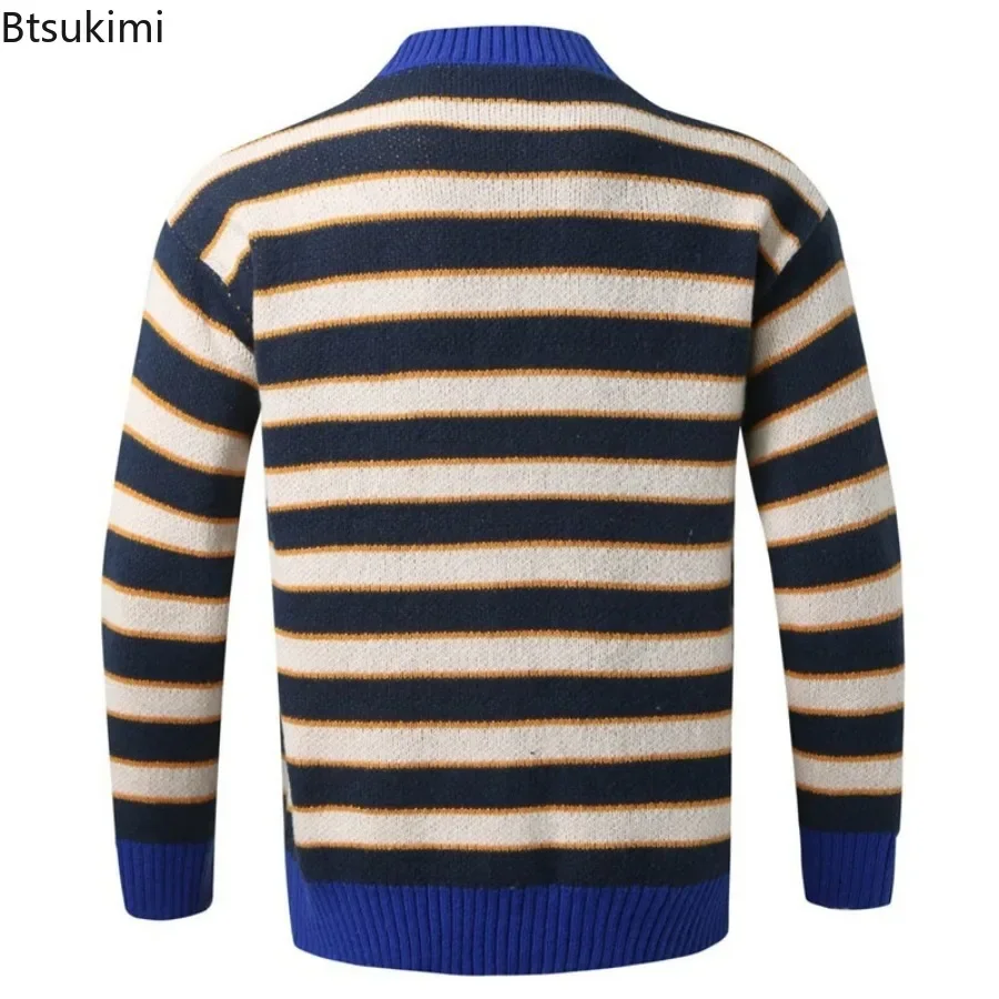 2024 Men's Thick Warm Knitting Sweaters Cardigans Stripe Warm Coats Jackets Male Fashion Sweater Print Soft Loose Cardigans Male
