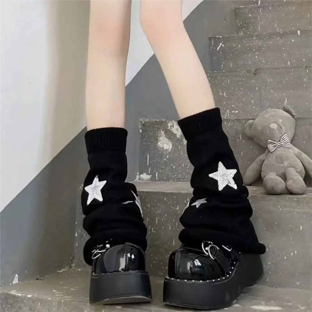 Star Knitted Leg Warmers Black White Grey Winter Warm Cotton Thigh High Stockings Elastic Warm Thigh Knitted Boot Stockings