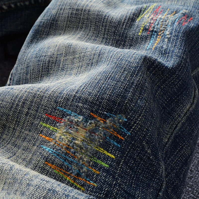 Vintage Fashion Men Jeans Retro Blue Slim Fit Stretch Ripped Jeans Men Embroidery Patchwork Designer Casual Denim Pants Hombre