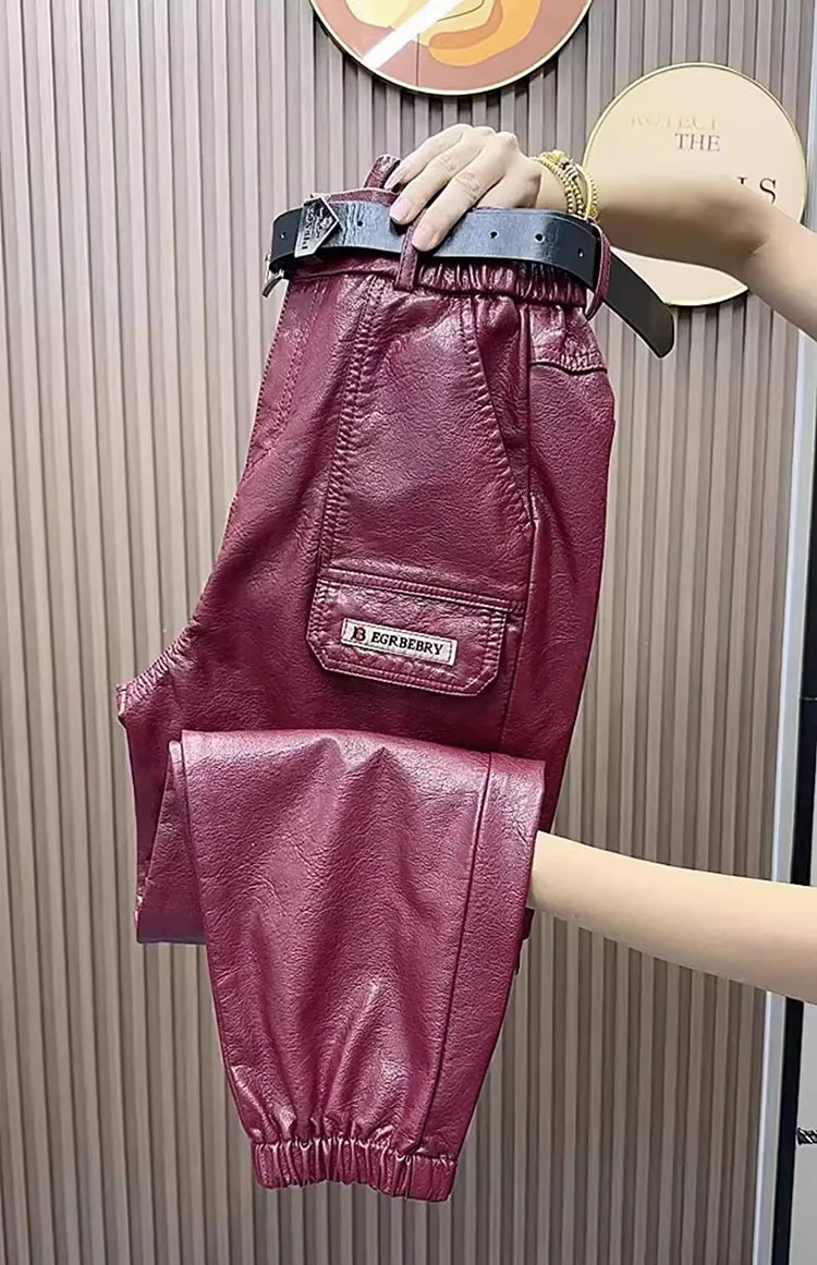 Women's Cargo Leather Pants Fall Winter New Classic Dark Department Fashion Trend Pocket Decoration Loose Oversized Pants 4XL