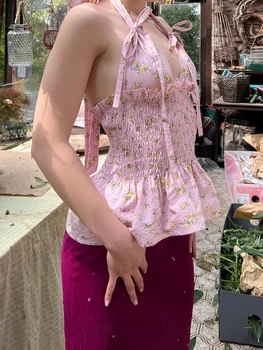 Floral Print Halter Neck Tank Top with Swiss Dot Detailing and Backless Design - Sleeveless Summer Vest for Streetwear 4