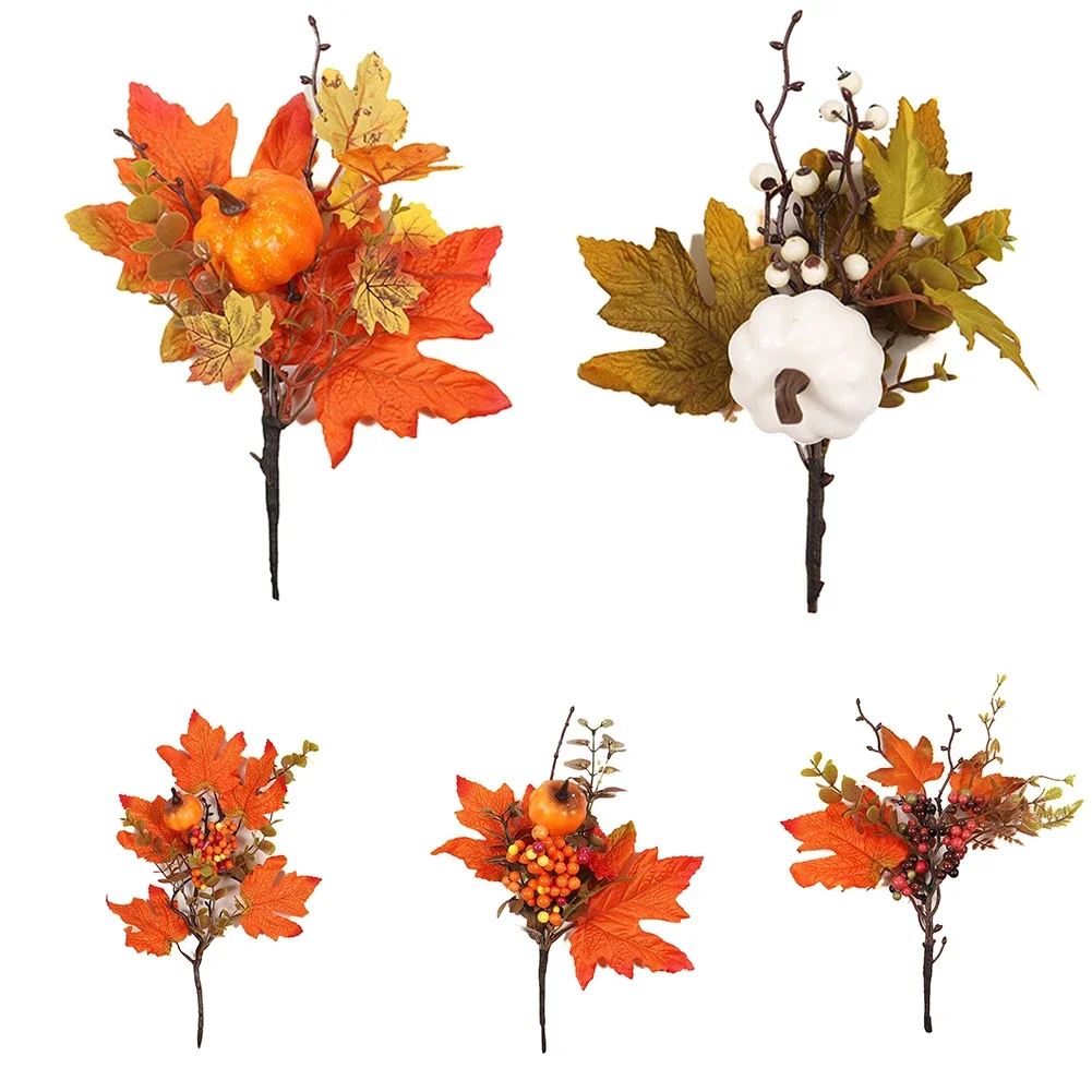 Kürbis-Herbststiele für Vasen, künstliche Ahornblätter, Zweige, künstliche Beerenpicks, Ahornblätter, Zweige, Halloween-Dekoration