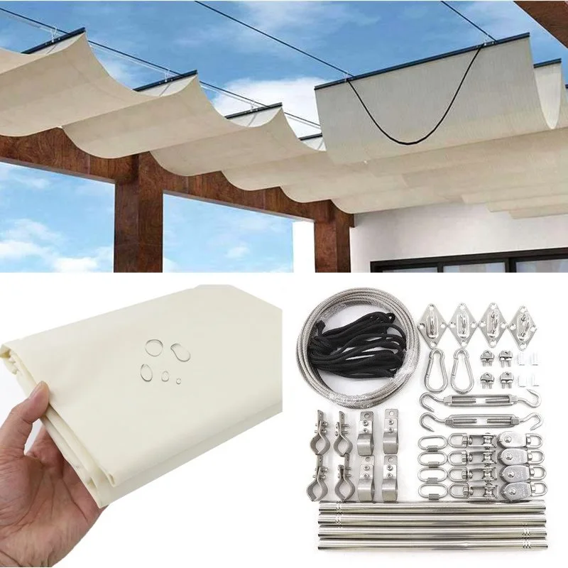 Milky White Wave Sunshade Net 300D Polyester Waterproof Retractable