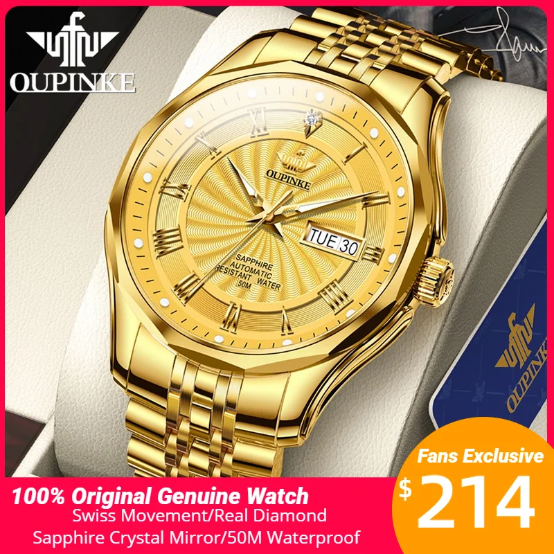 OUPINKE Orologio Meccanico Automatico Uomo, Lusso In Acciaio Al Tungsteno Con Quadrante Data E Fasi Lunari, Vetro Zaffiro, Impermeabile 50m - 3