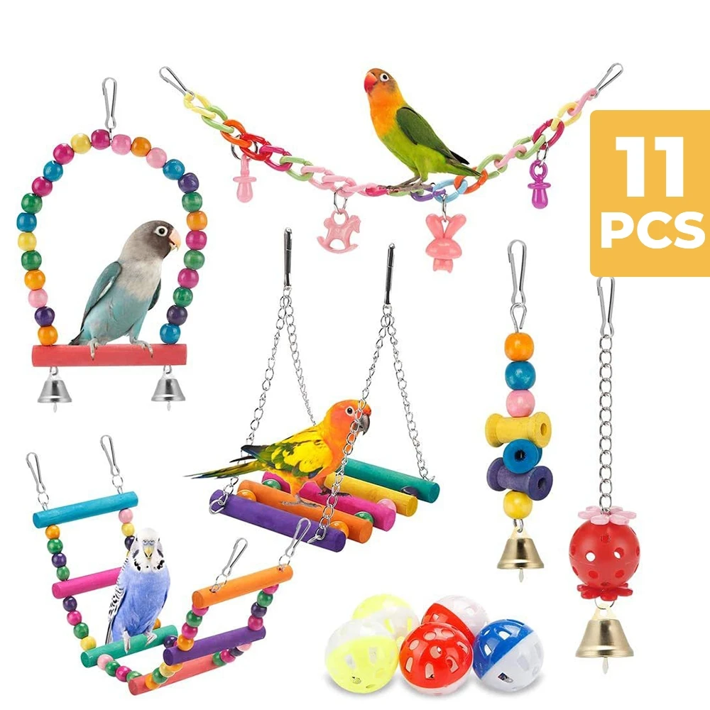 11Pcs Bird Cage Toys for Parrots Wood Birds Swing Reliable Chewable Bite Bridge Wooden Beads