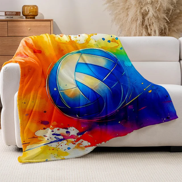 1pc Volleyball Print Fleece Blanket - Plush High-GSM All-Season Soft Bedspread with Turquoise Yellow Pink Blue Watercolor Volley 5