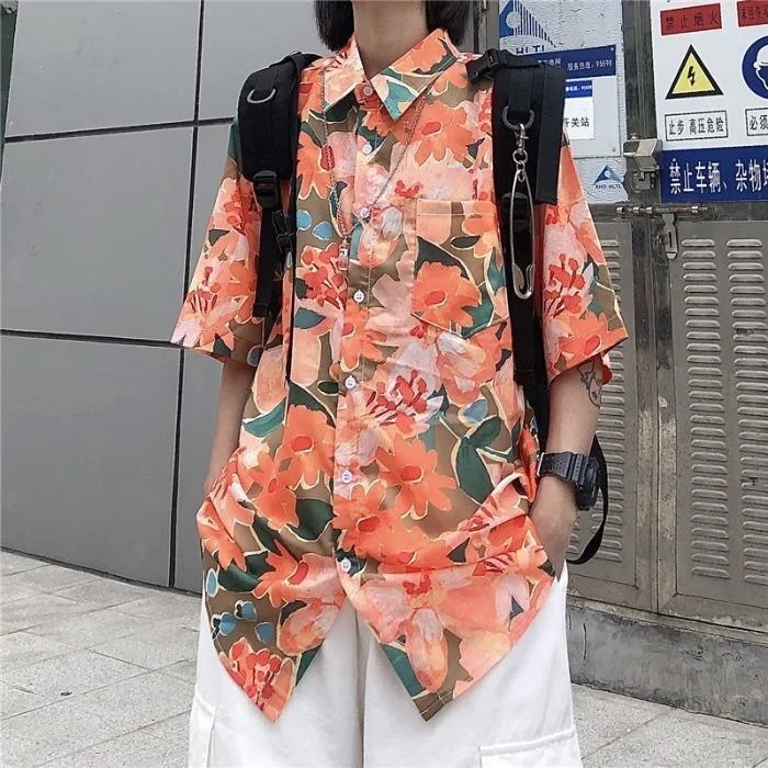 

2022 корейские молодежные модные топы в стиле ретро с цветочным принтом, свободная и универсальная рубашка с коротким рукавом и воротником на пуговицах, женская и мужская одежда