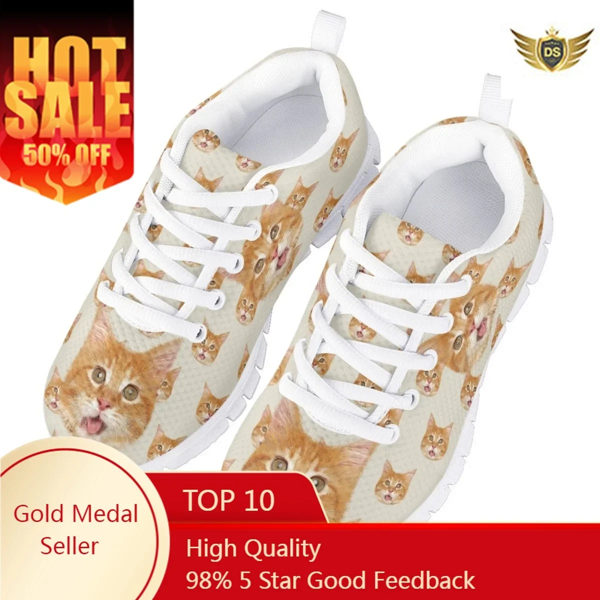 Casual Lace Up Children Shoes Cute Tangerine Cat 3D Printed Girls Boys Flat Shoes Breathable Soft Mesh Sneakers For Kids Zapatos