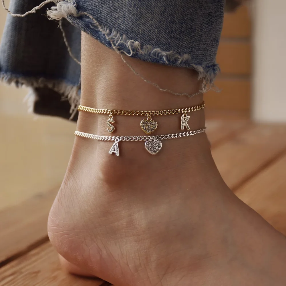

Custom Initial Letter Heart Anklet/Ankle Bracelet with Zircon Heart/Personalized Diamond Name Anklet/Gift for Her Ankle Chain