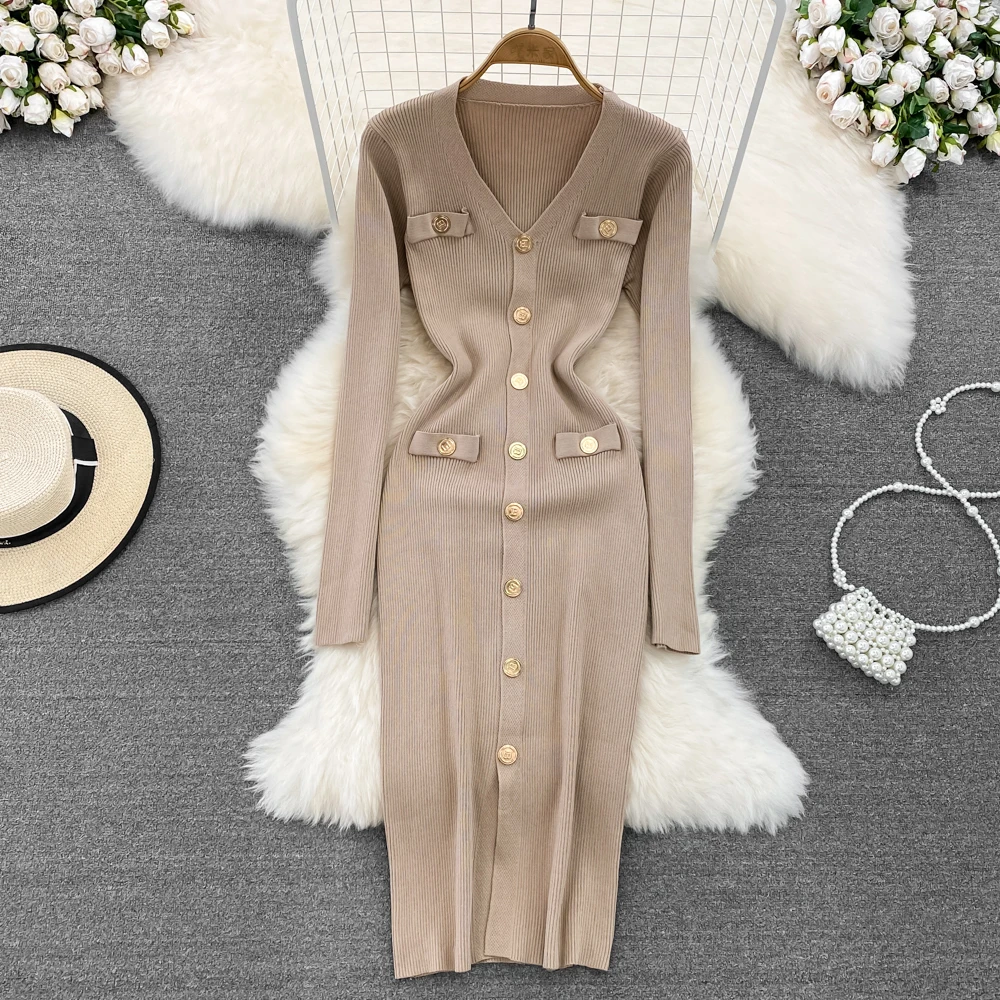 Autumn Winter V-Neck Women's Knitted Dresses 2026 New Single Breasted Long Sleeve Solid Front Split Midi Dresses Female