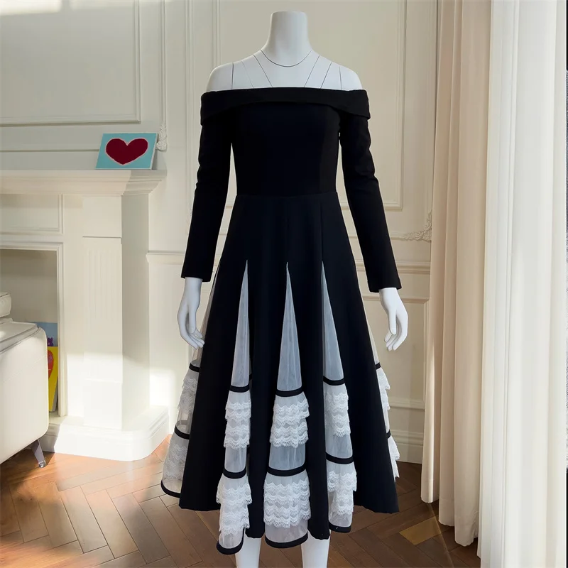 

2023 New Fashion Women Dress Vintage Celebrity Style Black One-Shoulder Long Sleeve Pleated Evening Lace Dresses Stage Costumes