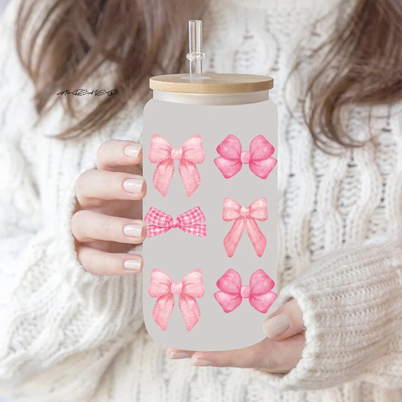 〔Sa〕Flowy Bows UV DTF Cup Wrap For 16oz Beer Glass Can Pretty Love Ribbons Cute Girly Cup Wrap Design UV DTF Sticker