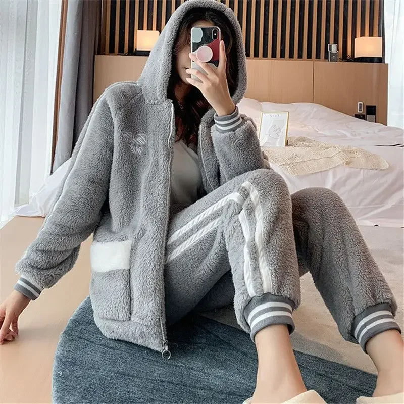 여성용 산호 양털 파자마, 두꺼운 양털 플란넬, 뚱뚱한 여분의 크기, 야외 착용 가능, 세트 라운지웨어, 가을 겨울