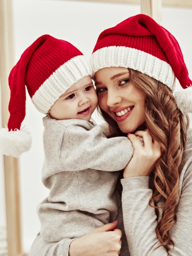Description Picture 5 of item23Christmas Knitted Hat Cute Pom Pom Adult Kids Soft Beanie Santa Hat New Year Party Kids Gift Navidad Noel Xmas Decoration 2022