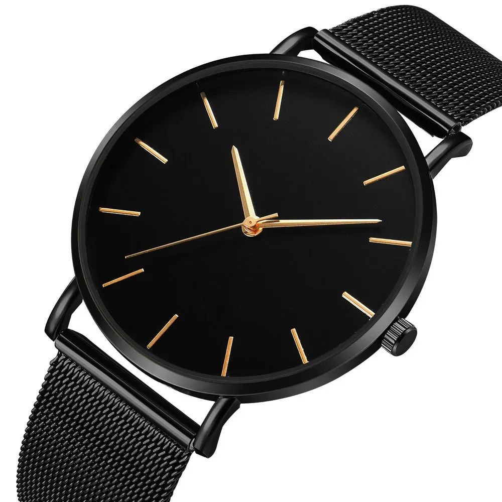 Elegant Men's Ultra Thin Quartz Watch - Black Stainless Steel Mesh, Waterproof Casual Sport Design