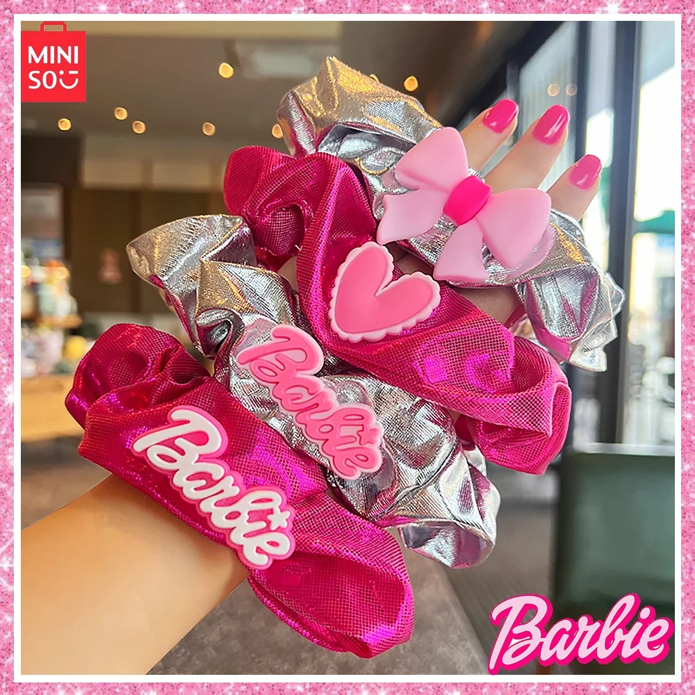 

2024Miniso Barbie Pink 4-Pcs Y2K Cute Girl Dopamine Cortical Large Intestine Ring Korean Bow Tie Silver Hair Ring Halloween Gift