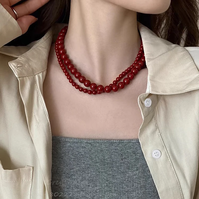 Vintage Red Beaded Necklaces For Women Chinese Style Glass
