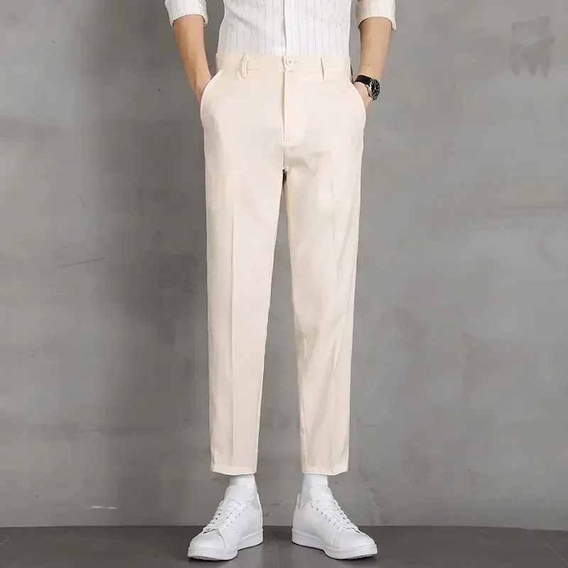 thumbnail image 1 of Pantalones elásticos elásticos de 9 pulgadas para hombre, pantalones de trabajo azules para hombre, pantalones rectos de oficina, moda de licra, verano 2024, para hombre chino, 1 of 5