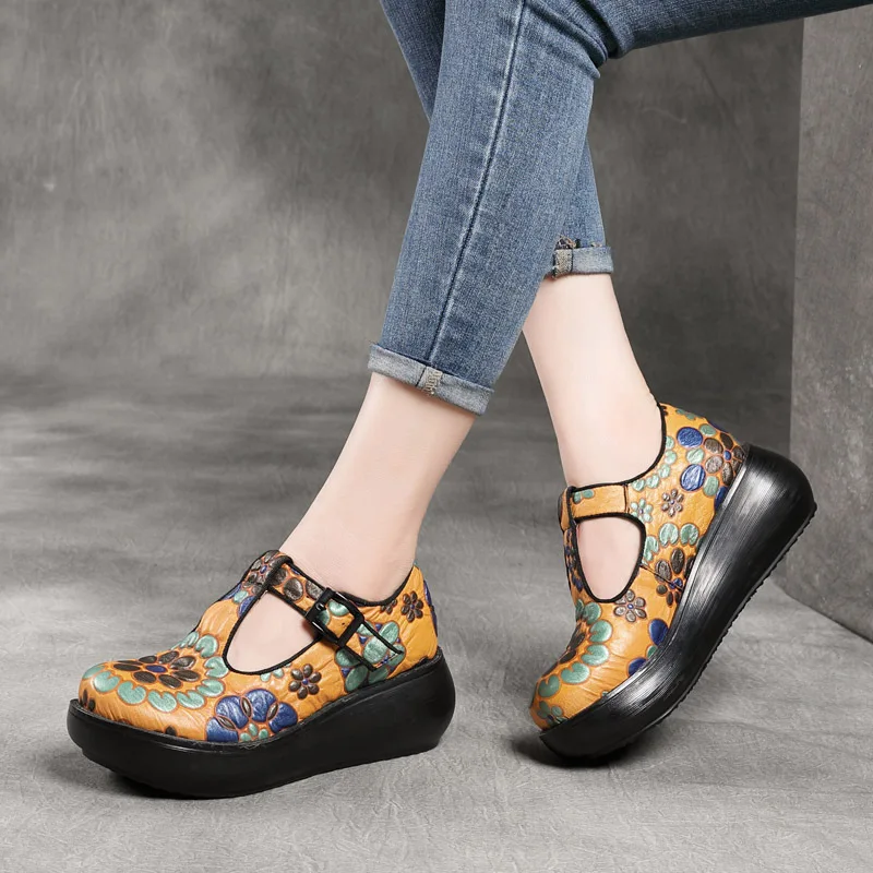 

Summer New Retro Ethnic Style inside and outside Platform High Heel Buckle T-Straps Mom