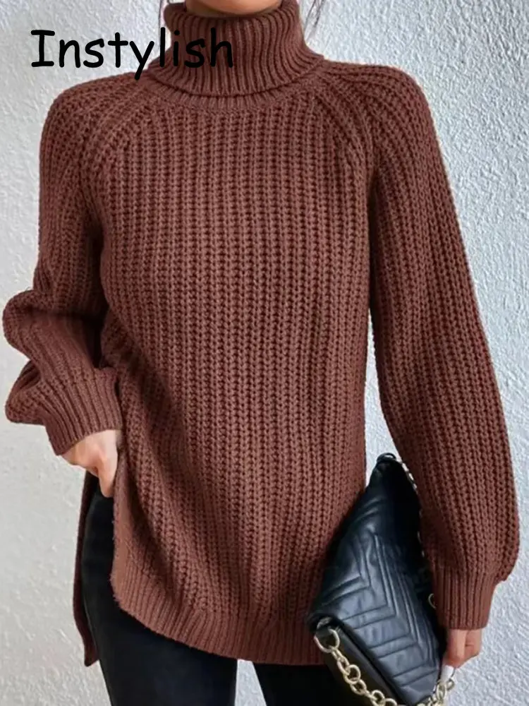 Women Winter Turtleneck Loose Sweater Elegant Drop Sleeve Side Split Pullover Vintage Harajuku Chic Jumpers Oversized knit Tops 6