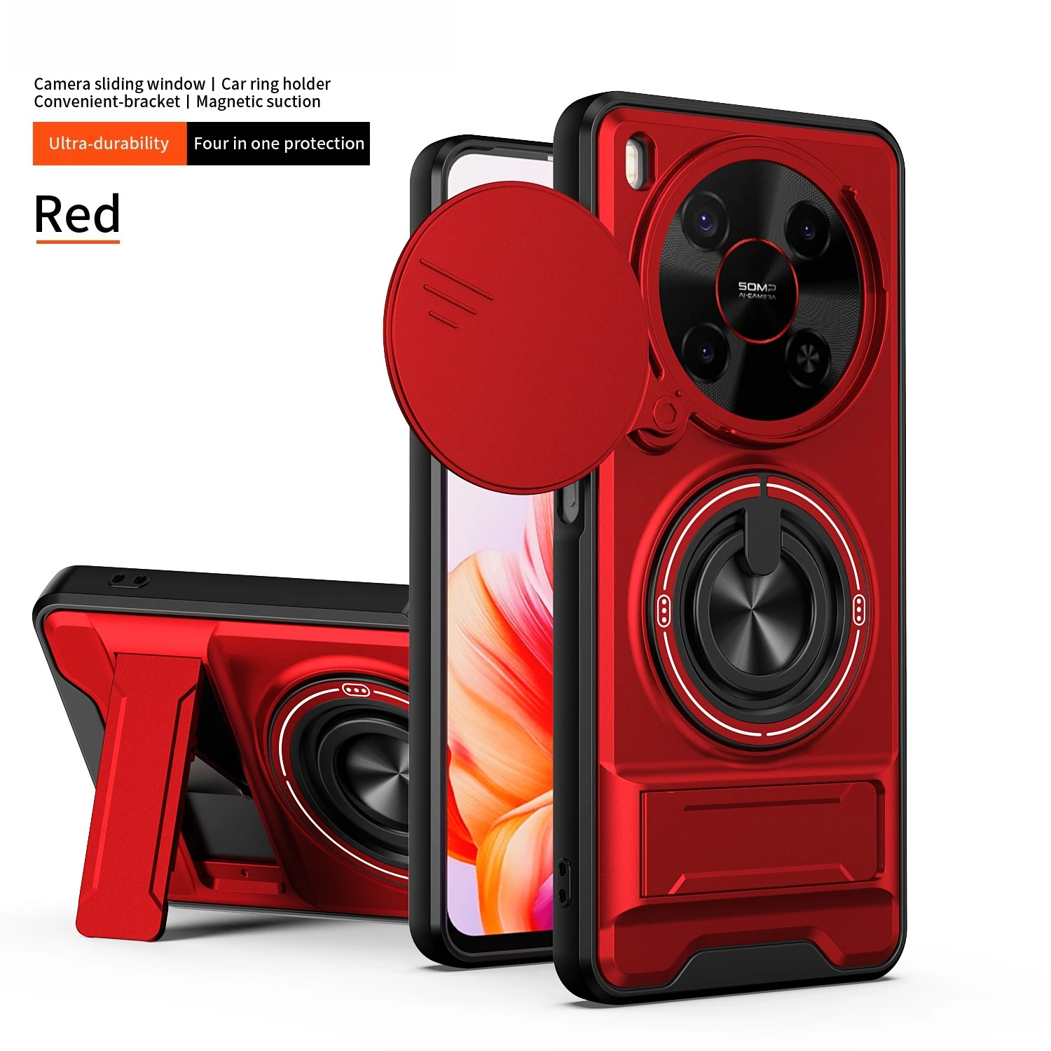 Enhanced Protective Phone Case with Slide Cover and Rotating Magnetic Ring Holder