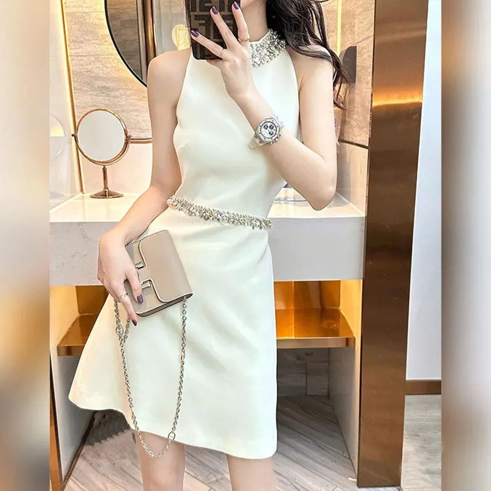 2024 Summer Elegant Ladies Sleeveless Dress Light Luxury Diamond Birthday  Party Dresses For Women Halter Neck Sexy Mini Dress - AliExpress 200000345