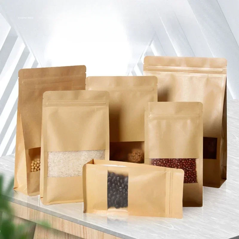 

Kraft Paper Bag Frosted Self Sealing Bag Food Tea Window Opening Self Standing Pouch Jujube Nut Millet Kraft Display Bags 100pcs