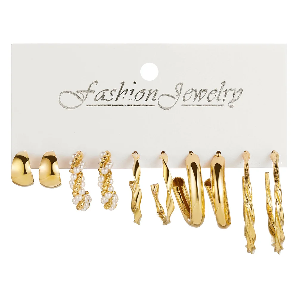 LATS Boho Big Circle Hoop Earring Set for Women Gold Color Bohemia Vintage Pearl Square Earring Heart Zircon Ear Studs Jewelry 6