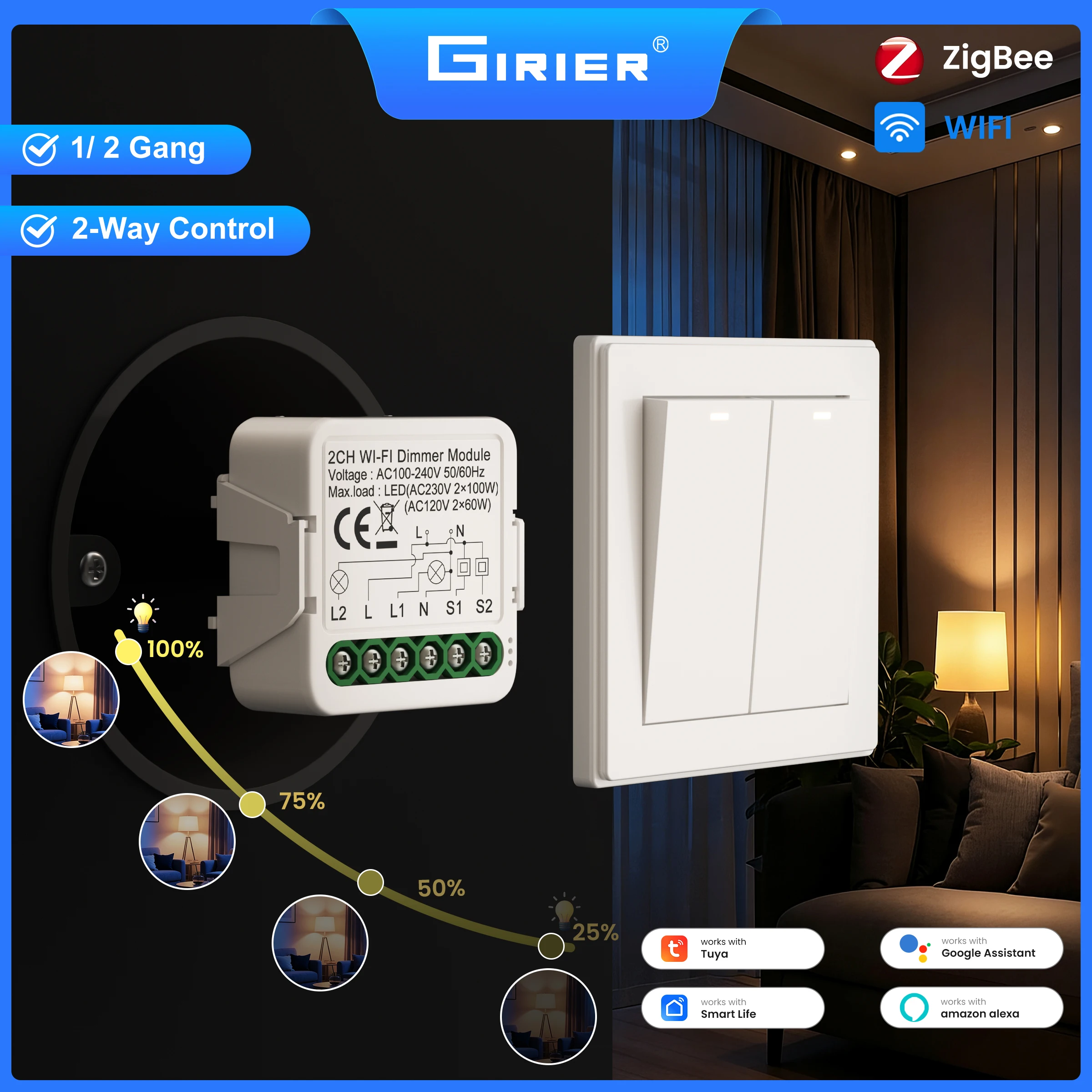 โมดูลสวิตช์หรี่ไฟอัจฉริยะ GIRIER Tuya Smart ZigBee 3.0 รีเลย์ตัดวงจร WiFi สำหรับหลอดไฟหรี่แสงได้ รองรับการควบคุมแบบ 2 ทาง ใช้งานร่วมกับ Alexa ได้ 1