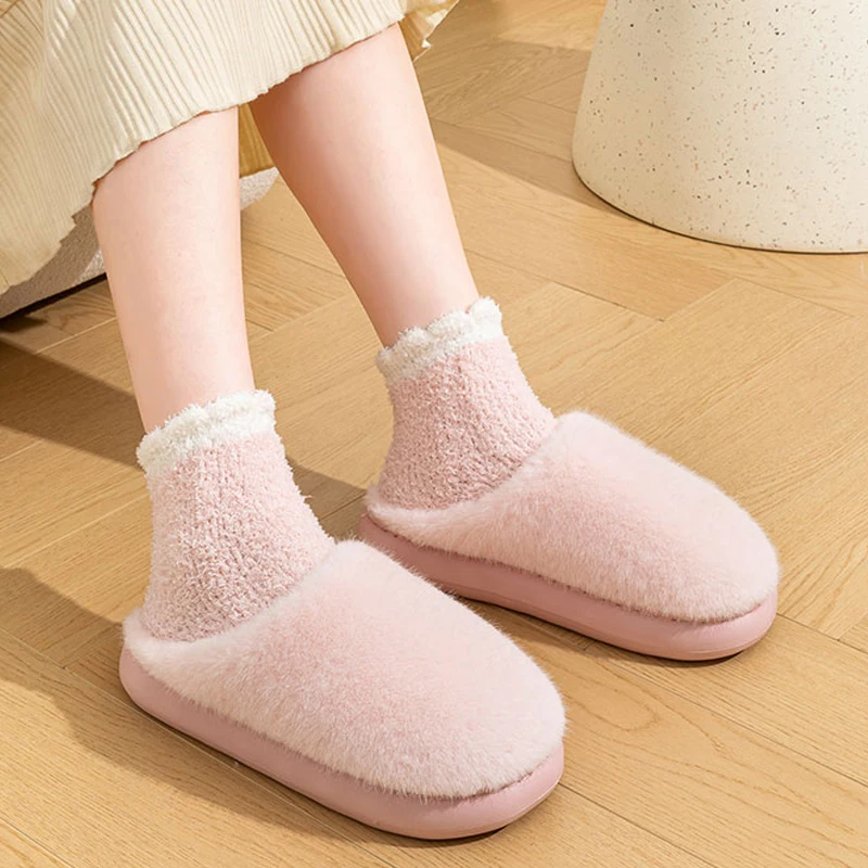 Winter Unisex Concise Solid Color Flat Plush Slippers Non-slip Warm Fluffy Mule Slides For Women Men Home Casual Cotton Shoes 4