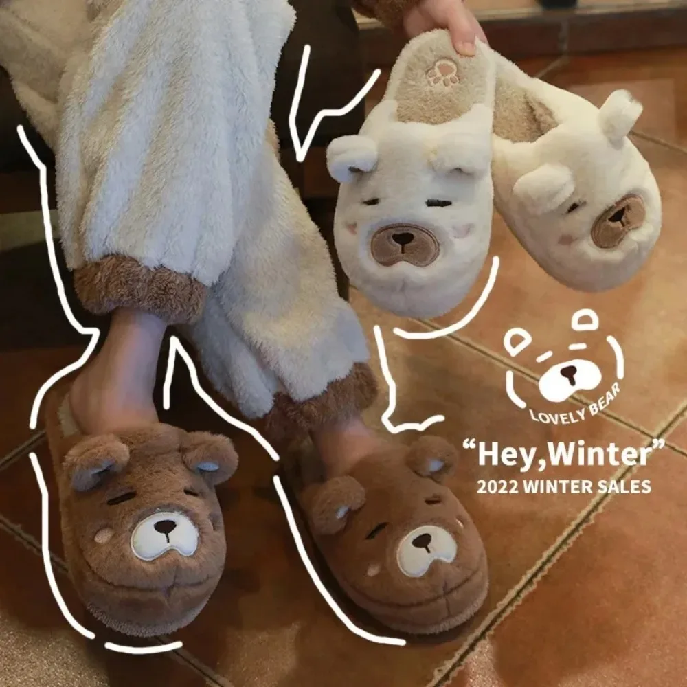 Cartoon Bear Slipper for Women  Winter Indoor Warm Faux Fur Shoes Flip Flops Cute Animals Plush Platform Ladies Home Slippers 2