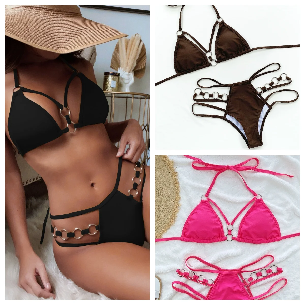 2PCS Swimsuit Bikini Women Summer Beach Wear Suit Female Solid color Split Sets New Ladies Swimming Suit