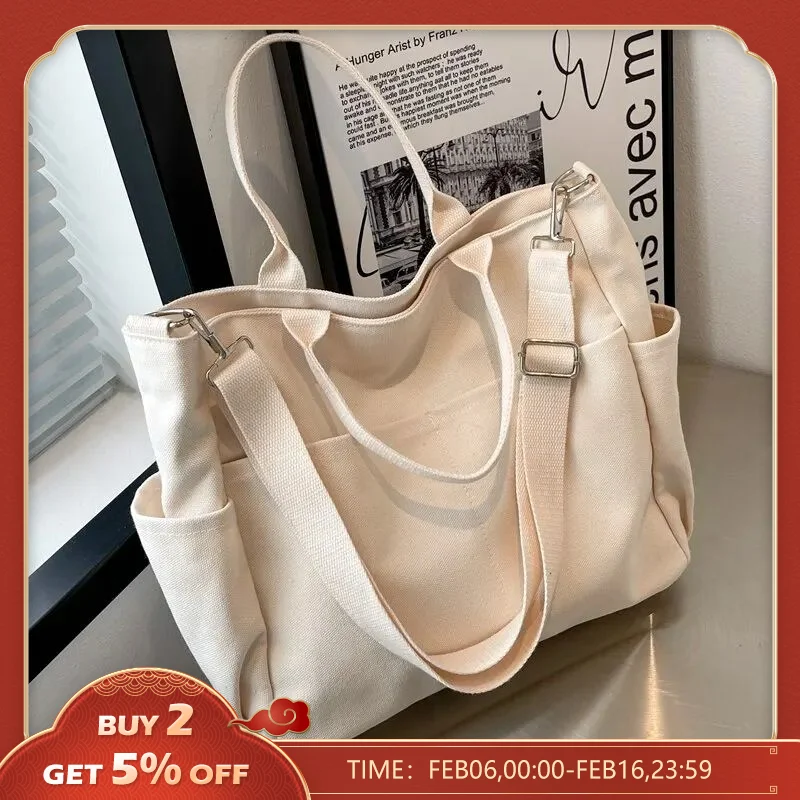 Ins Lazy Wind Canvas Big Bag, Nuova Versione Coreana Della Borsa A Tracolla A Spalla Singola Femminile Semplice Letterario Tinta Unita