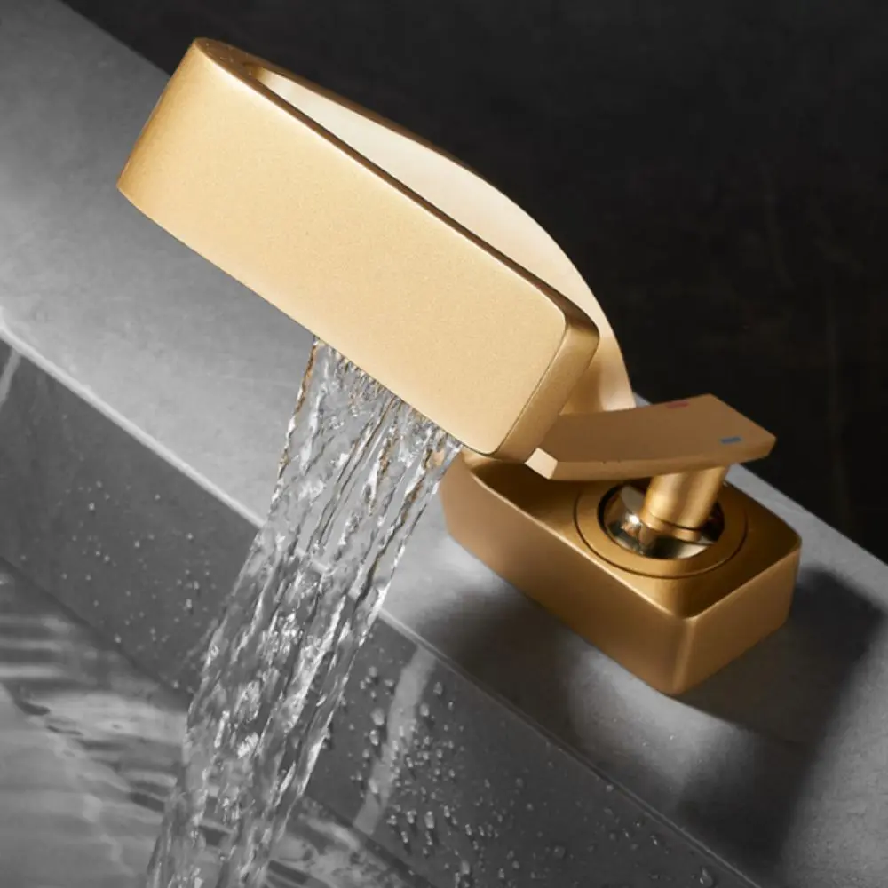 Matte Golden White Basin Faucet Brushed Gold Single Handle Waterfall Tap Black Chrome Contemporary Design Bathroom Sink Faucet