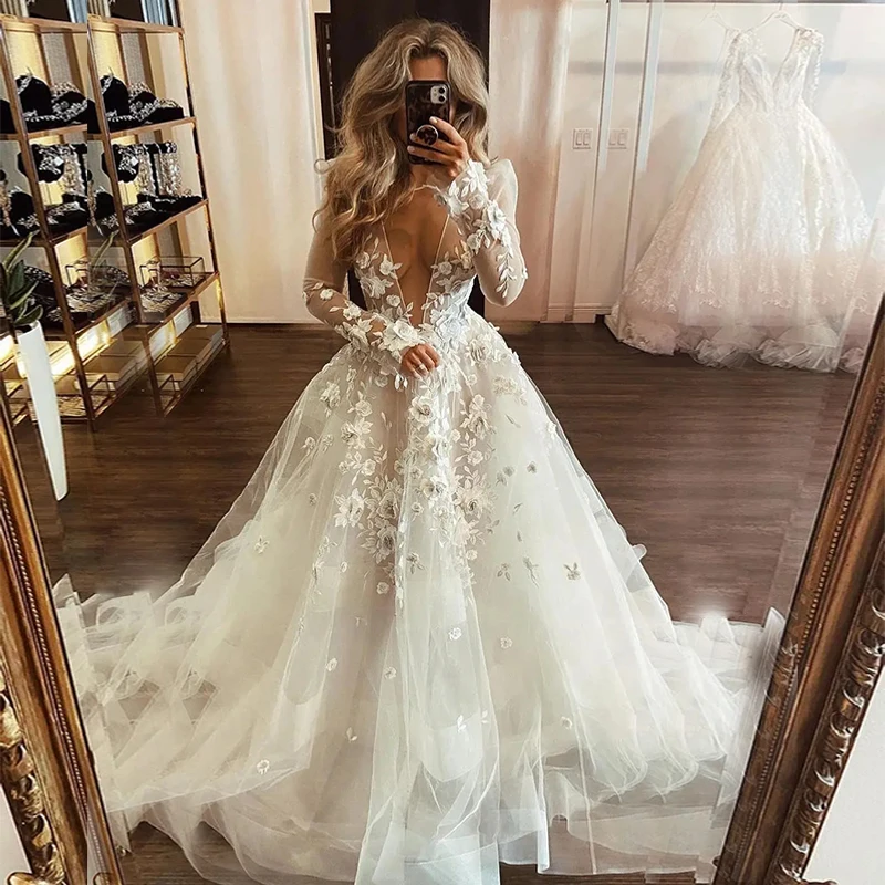 

Graceful Deep V-Neck Wedding Dresses Illusion Full Sleeves Bridal Gowns 3D Flowers Appliques Tulle Vestidos De Novia