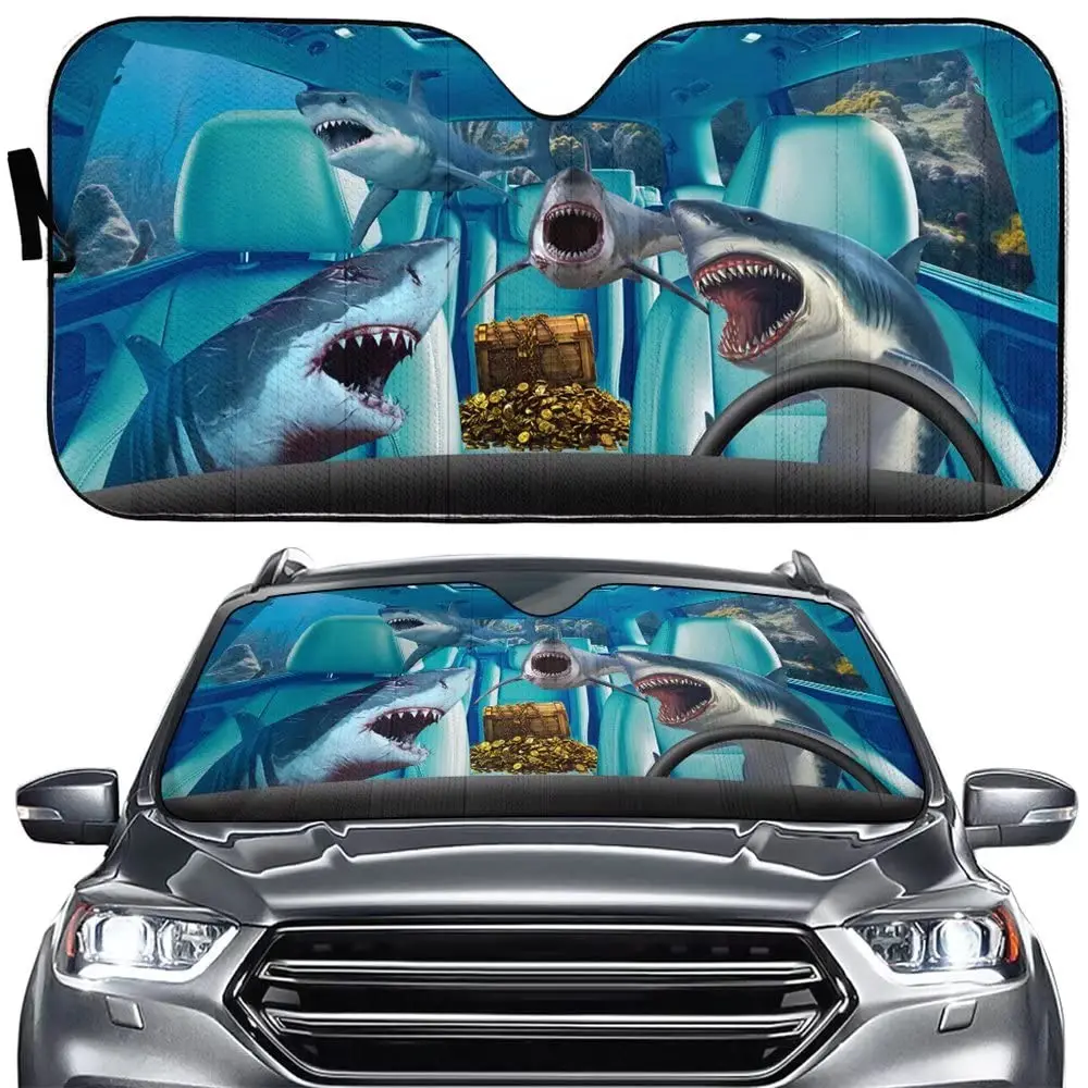 Shark Front Window Sun Shade,Treasure Chest Car Sun Shield Windshield Sun Reflector Car Seat Sunshade Auto Cover Blocks UV Rays