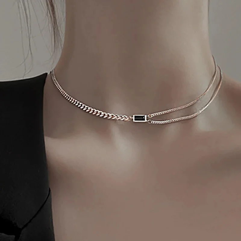 925 Sterling Silver Black Zircon Double-layered Clavicle Chain Necklace for Women