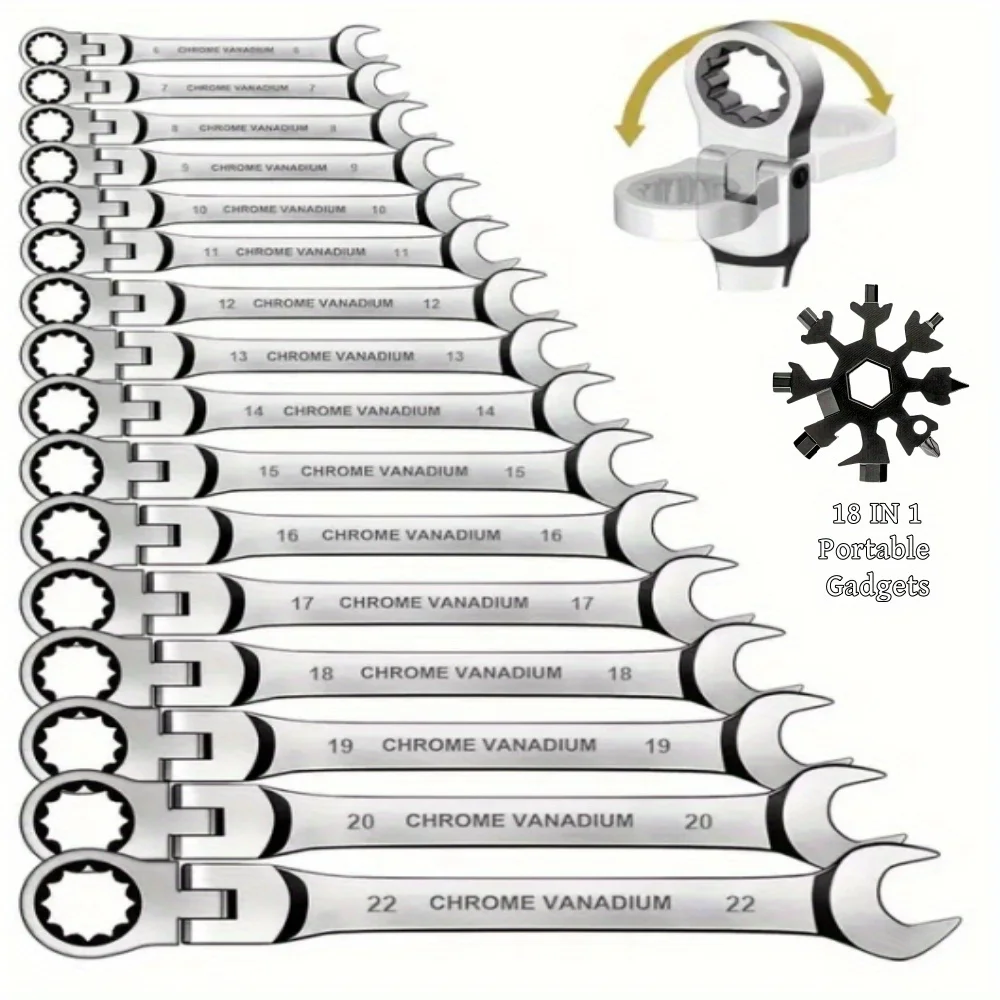 Juego de llaves combinadas de trinquete flexibles, llave métrica de 6-17mm, llave de trinquete, juegos de herramientas manuales métricas, herramientas de reparación de automóviles