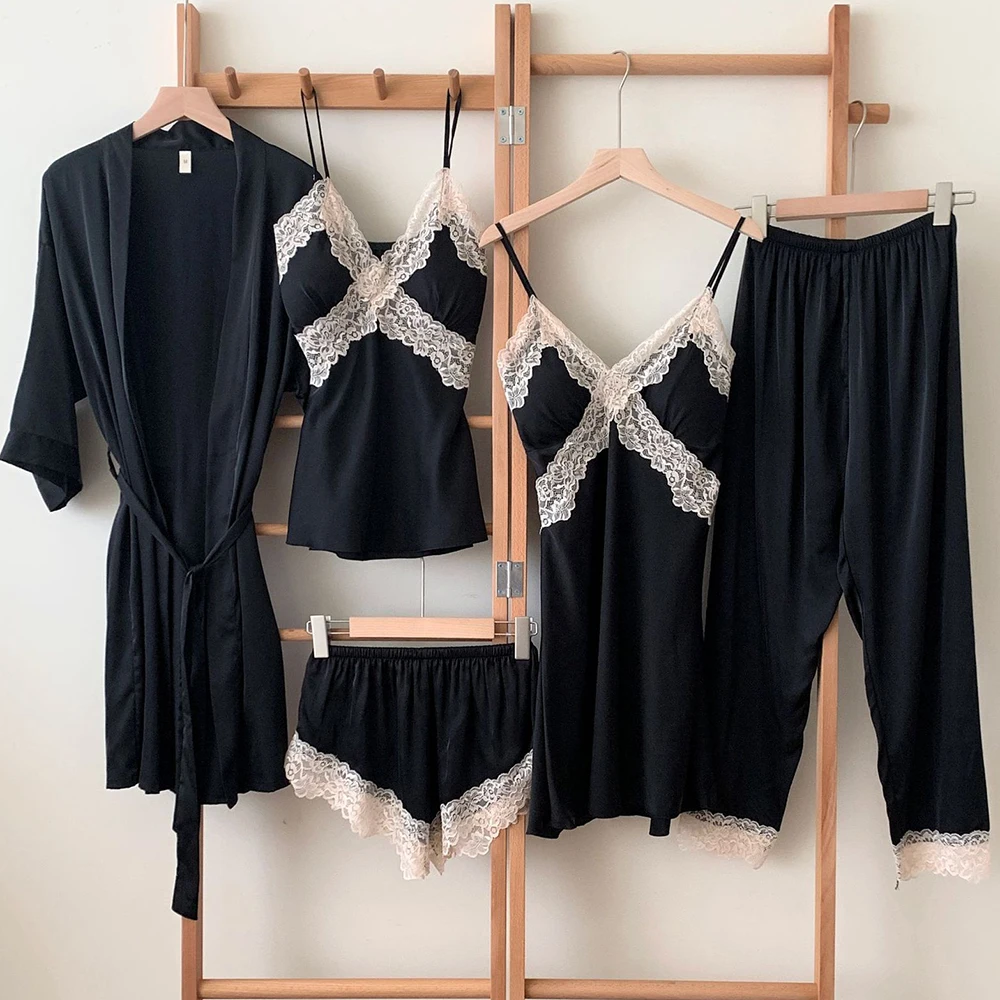 

Женский пижамный комплект из 5 предметов, Сексуальная кружевная Пижама, халат, ночная рубашка, летняя атласная одежда для сна, свободный пижамный комплект из 5 предметов, домашняя одежда