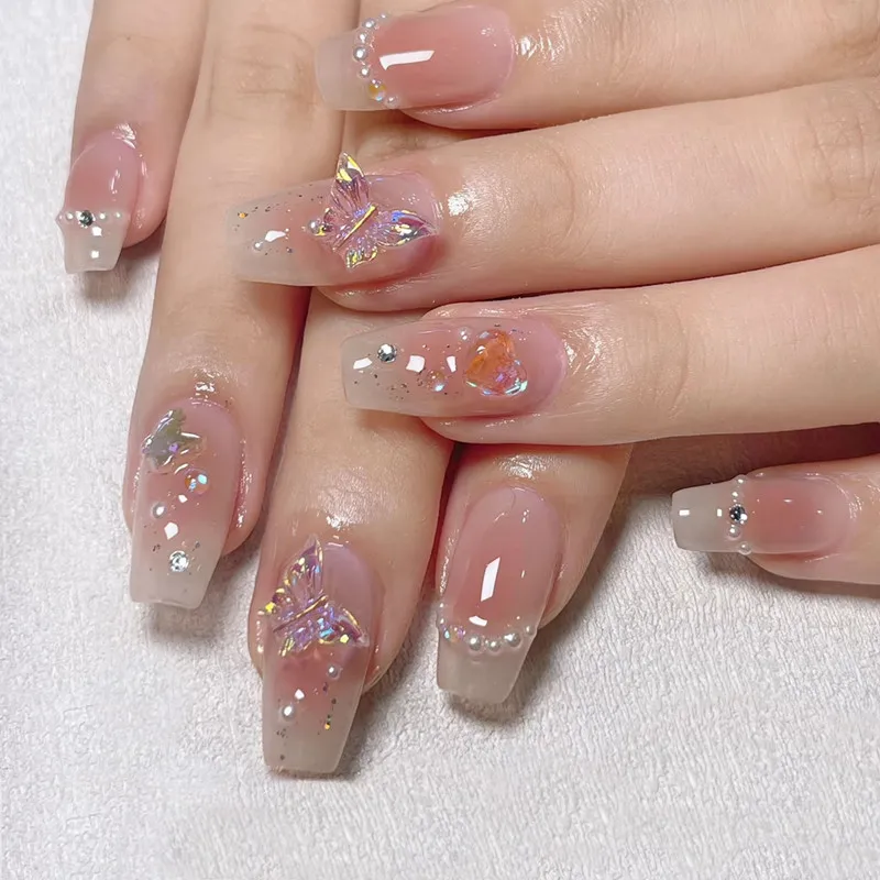 Fake Nails Sets Press on Ballet False Nails with Flower Designs Removable Acrylic Artificial Nails Glitter Nail Art Long Tips