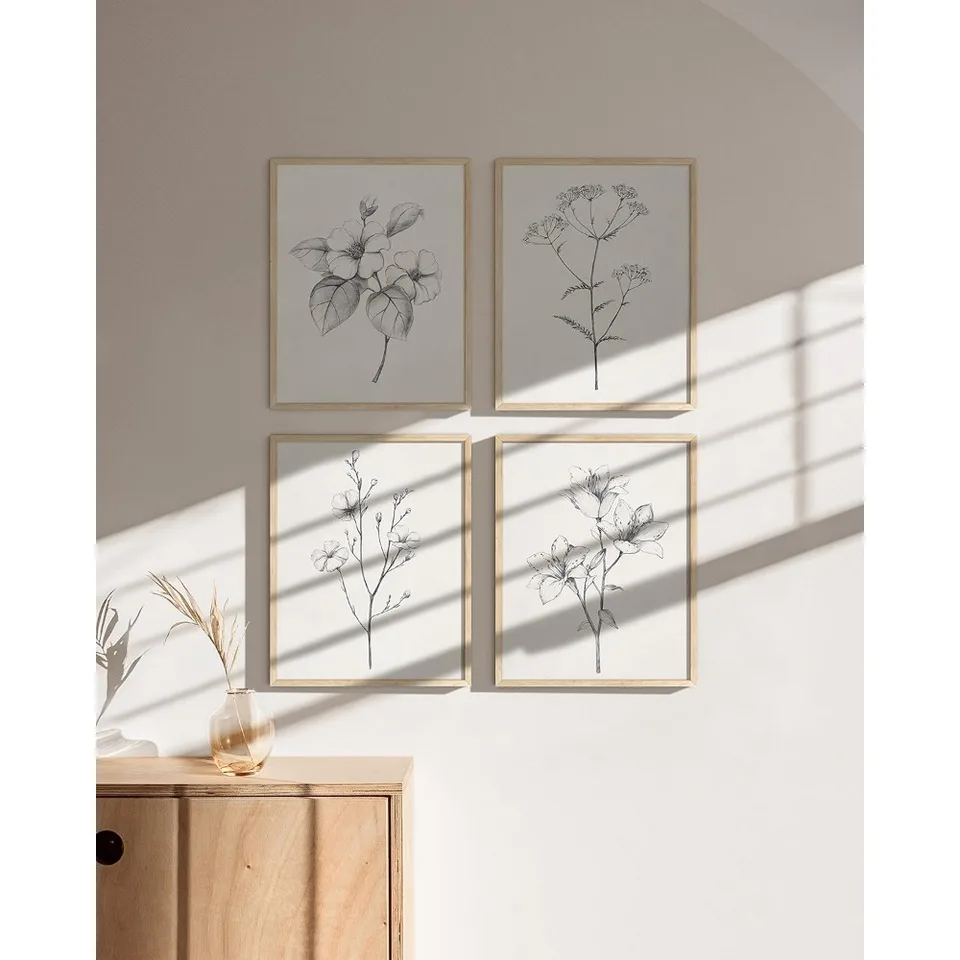 Grey Floral Wall Art Set of Four Vintage Prints