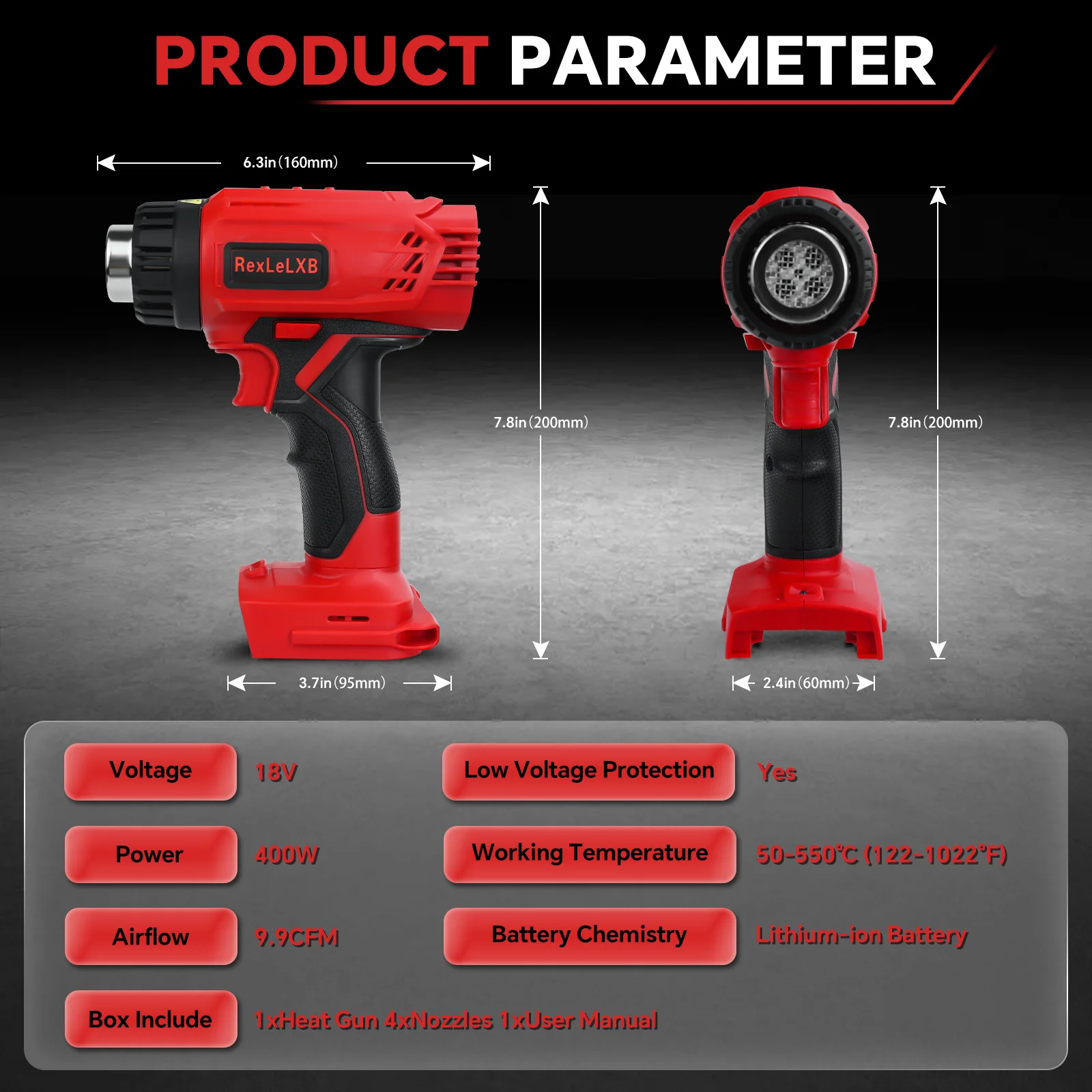 400W 550℃ Cordless Heat Gun for Milwaukee 18V Battery with LCD Digital Display Hot Air Gun for Shrink Tubing (No Battery) 6