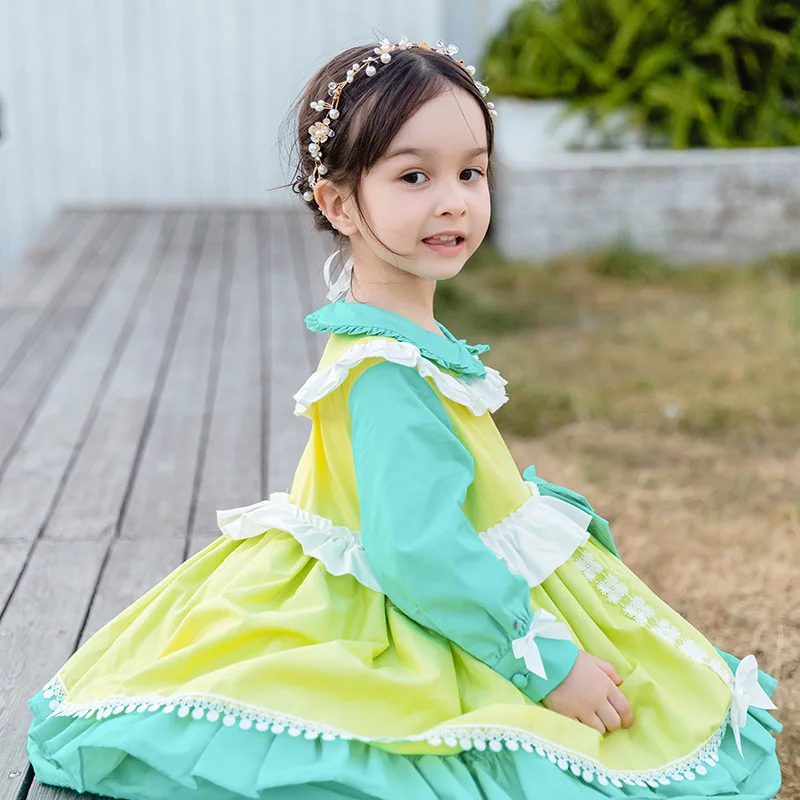 

2022 Spring Lolita Dress For Toddler Girls Long Sleeve Loose Ruffle Hem Ball Gowns With Bow Lovely Baby Kids Dresses Clothing