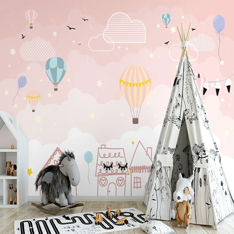 Custom Mural Simple Pink Starry Sky Hot Air Balloon Romantic Clouds Children's Room Background Wall Home Decor Papel De Parede bar clouds ambience light starry sky dream dormitory decorative lights colorful optical fiber lamp creative small night lamp