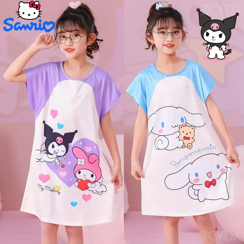 Sanrio Hello Kitty Girls Summer Nightdress Cute Animation Cinnamoroll Children's Pajamas Breathable Kuromi Nightgown Home Wear