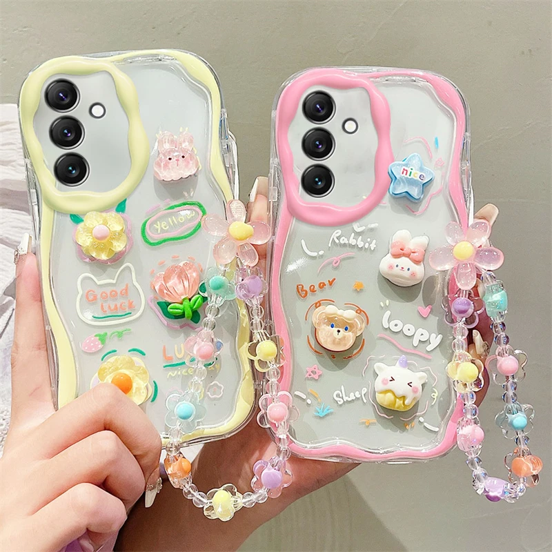 3D Cute Bear Rabbit Duck Flower Wrist Chain Case For Xiaomi Redmi Note 11 11S 11T 11SE 10 10S 10T 9 12 12R Pro Bracelet Cover_voghion.com