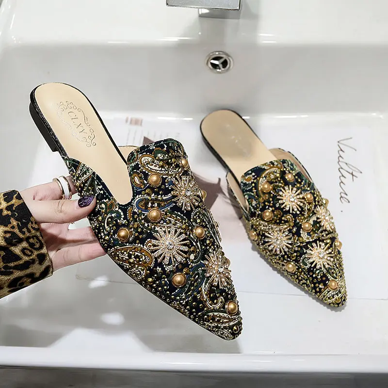 

Sequins Summer Slippers Fashion Rivet Women Sandals Pointed Toe Comfortable Flat Slides Leisure Luxury Shoes Zapatos De Mujer