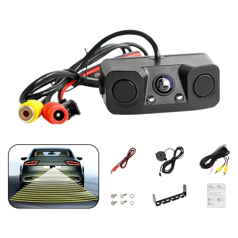 12V HD 자동차 후면보기 카메라 3 In 1 주차 감지기 센서 레이더 LED 야간 투시경 방수 역방향 카메라 범용 액세서리